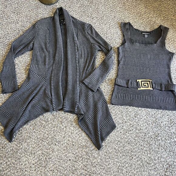 FRANK LYMAN Open Front Textured Knit Cardigan + Tank Top Set Gray Asymmetrical 8 - Picture 1 of 6